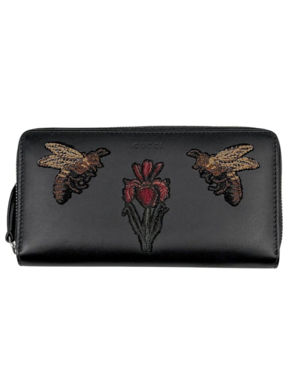 Gucci Wallet Embroidery Round Zip Leather Black